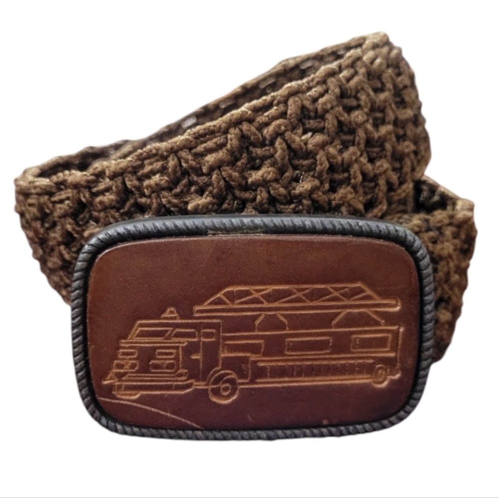 Vintage Chunky Belt & Fire Truck Collectible Weave Retro Buckle - Men's